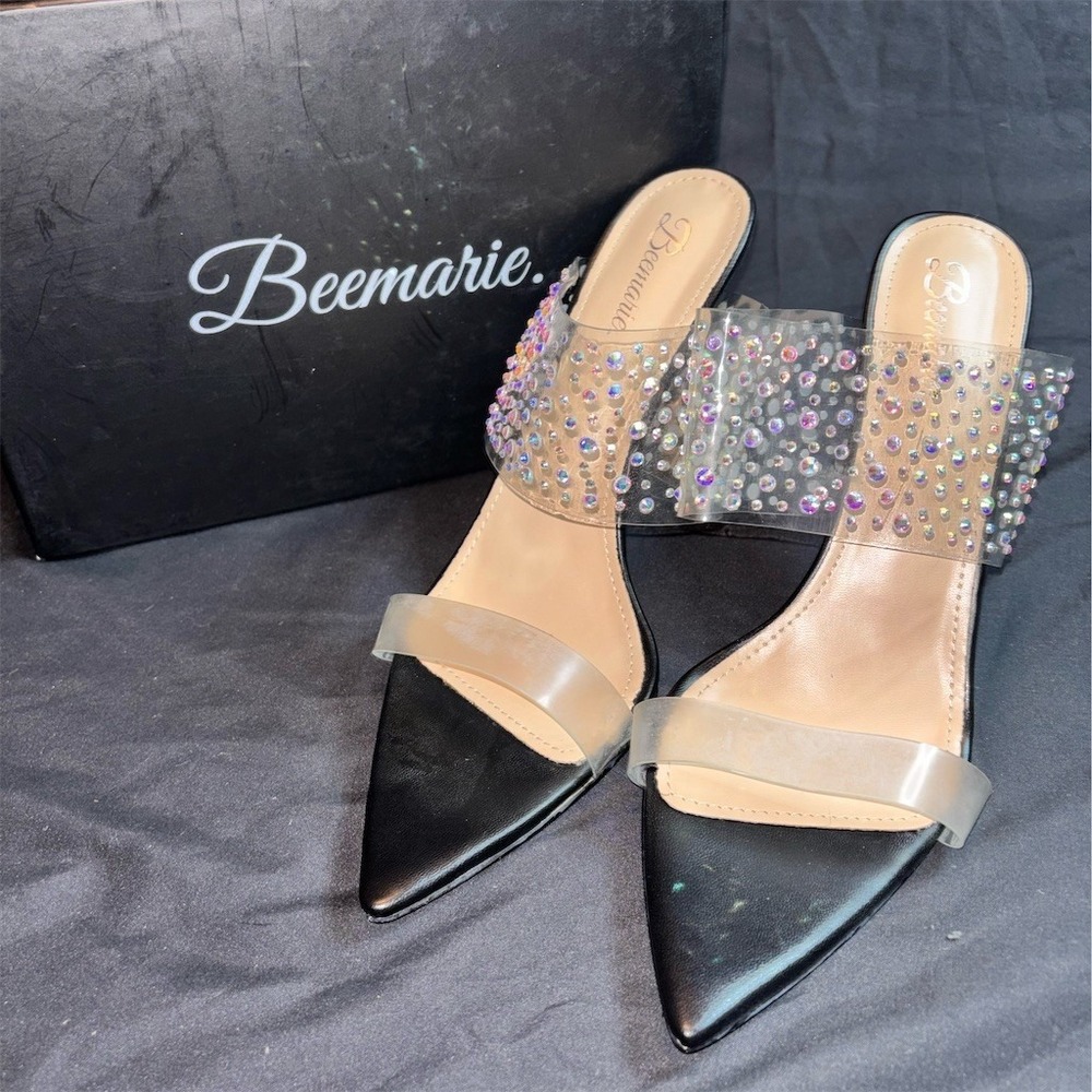 Beemarie Mule Heels Womens 10.5 Black Clear Rhinestone Pointed Toe hoco prom